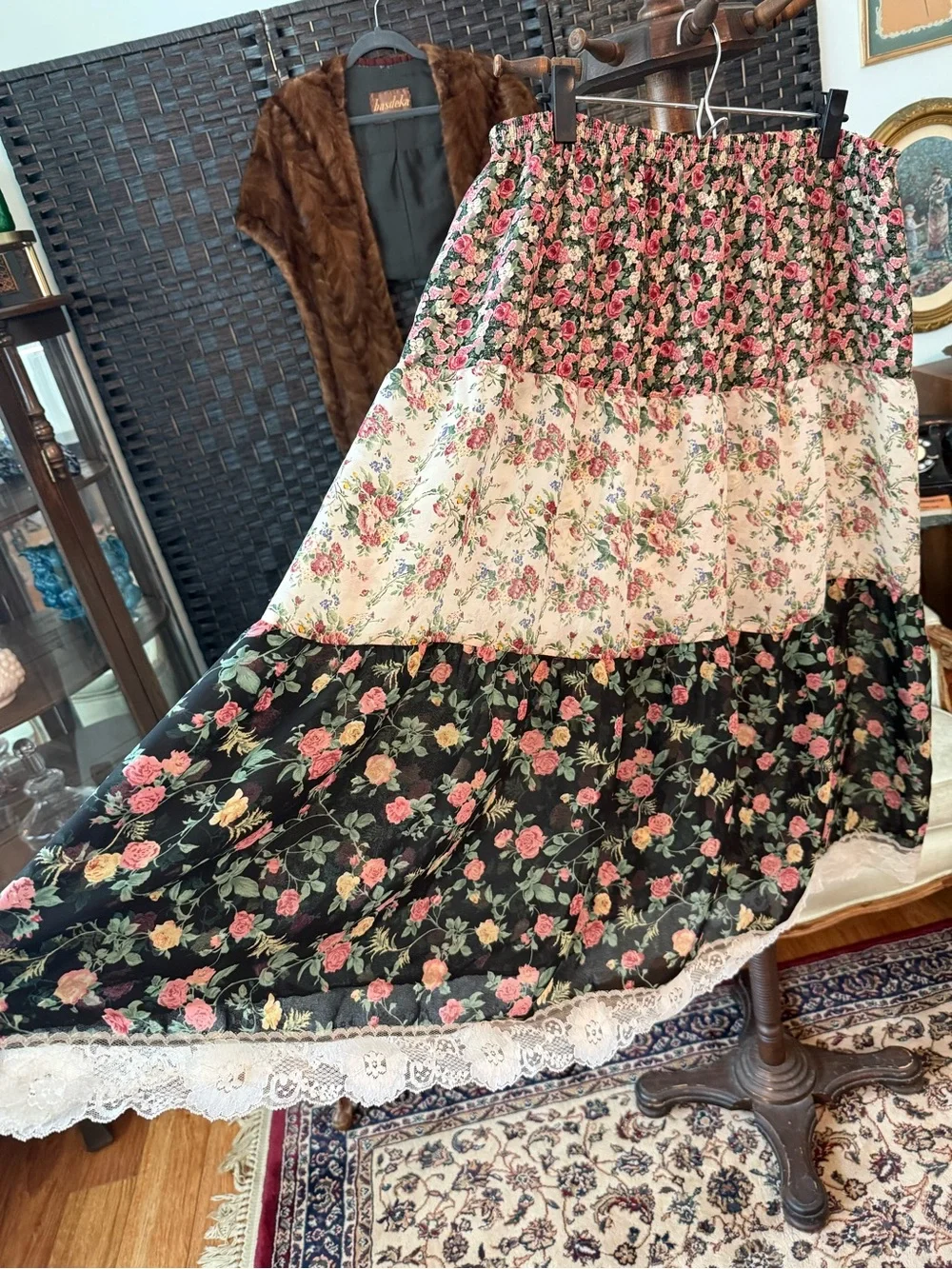 🌹🤍 Vintage Bonjour Sheer Patchwork Floral Prairie Cottagecore Midi Skirt Sz L - Picture 2 of 9